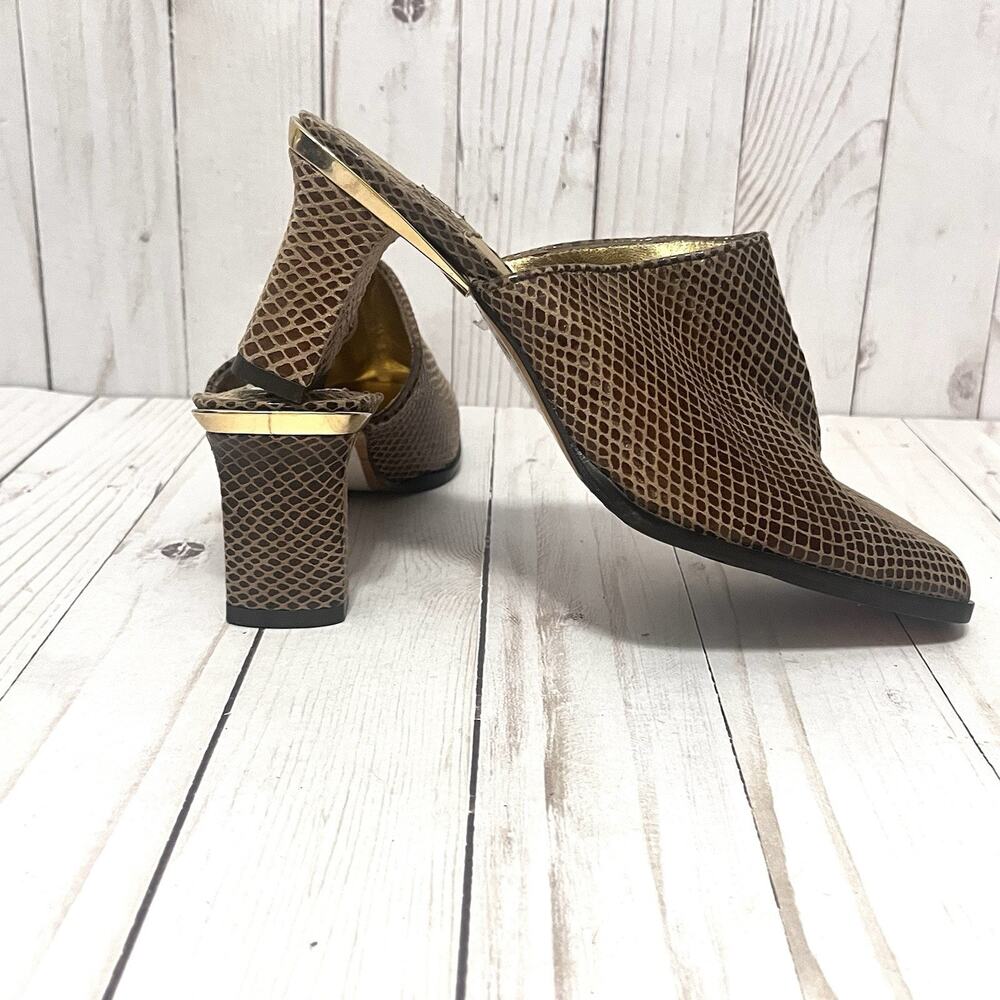 Vintage Timothy Hitsman Brown Leather Snakeskin Block Heel Mules Square Toe 6M